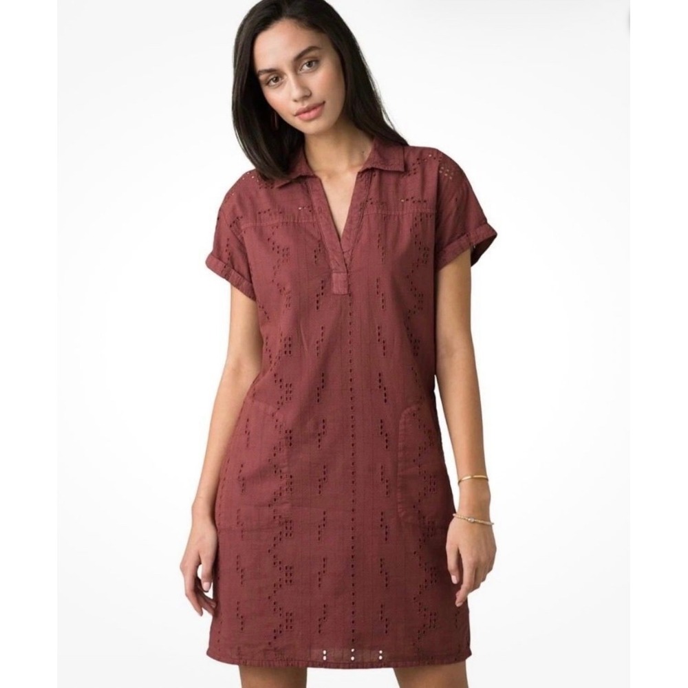 Prana Ladyland Mini Shirt Dress XL Red Eyelet Short Sleeve Shift Pockets BOHO